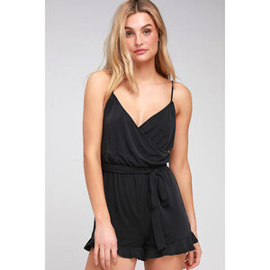 Lulus Katelyn Washed Black Ruffled Surplice Romper - Size M